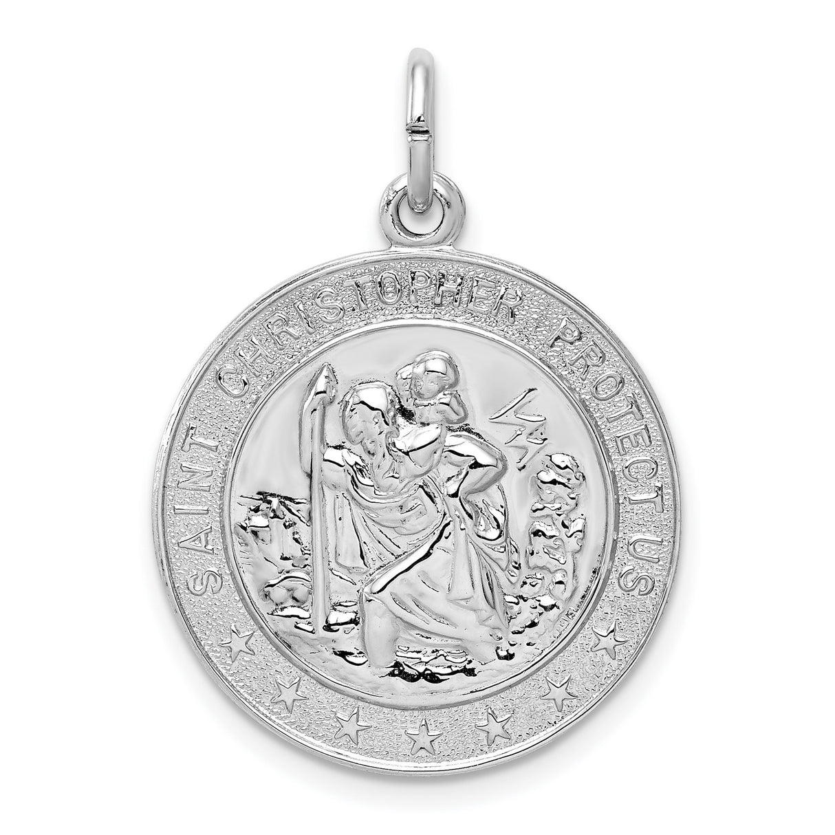 Round Seven Star Saint Christopher Protect Us Words Charm Pendant in Real 925 Sterling Silver