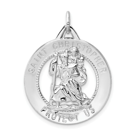 Round Open Saint Christopher Protect Us Words Charm Pendant in Real 925 Sterling Silver