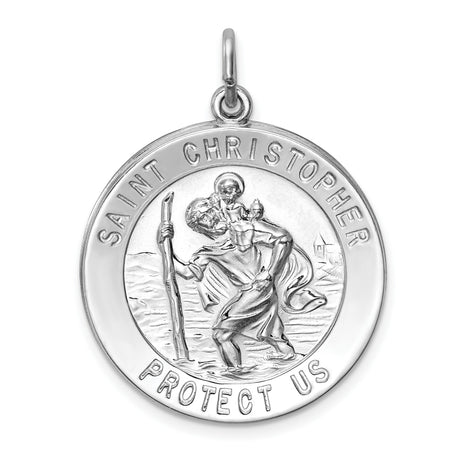 Saint Christopher Protect Us Words Round Charm Pendant in Real 925 Sterling Silver