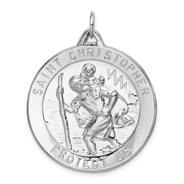 Round Saint Christopher Protect Us Words Charm Pendant in Real 925 Sterling Silver