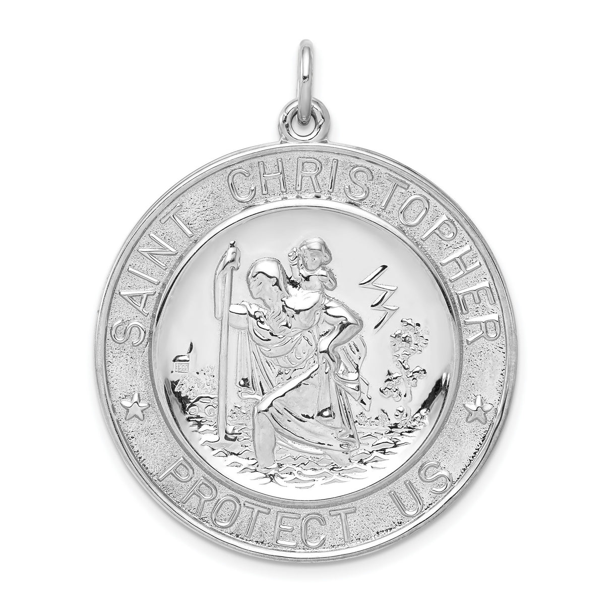 Saint Christopher Protect Us Words Two Star Charm Pendant in Real 925 Sterling Silver