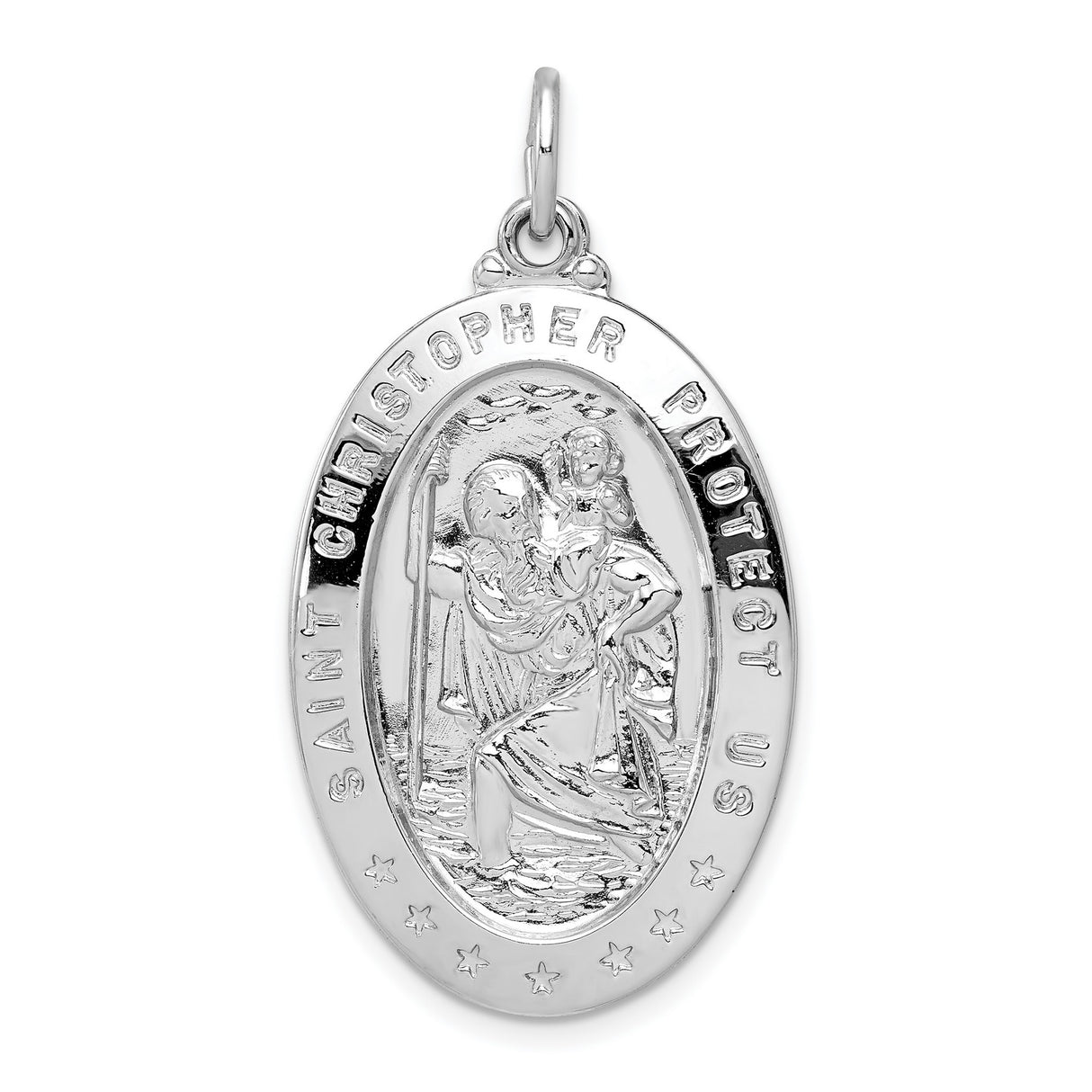 Solid Oval Protect Us Words Saint Christopher Charm Pendant in Real 925 Sterling Silver