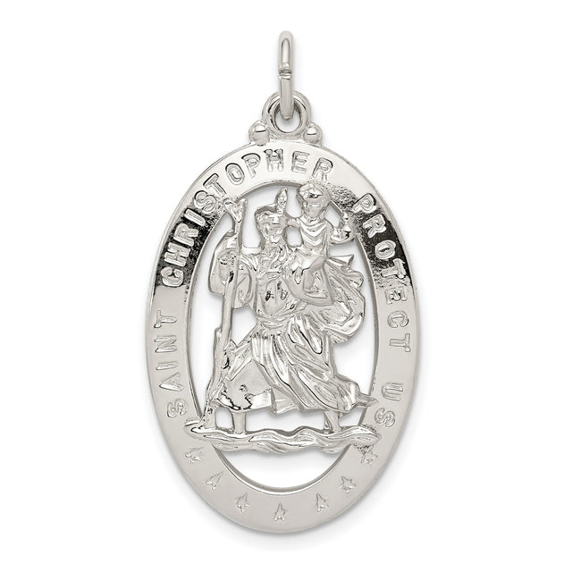 Solid Oval Seven Star Saint Christopher Protect Us Charm Pendant in Real 925 Sterling Silver