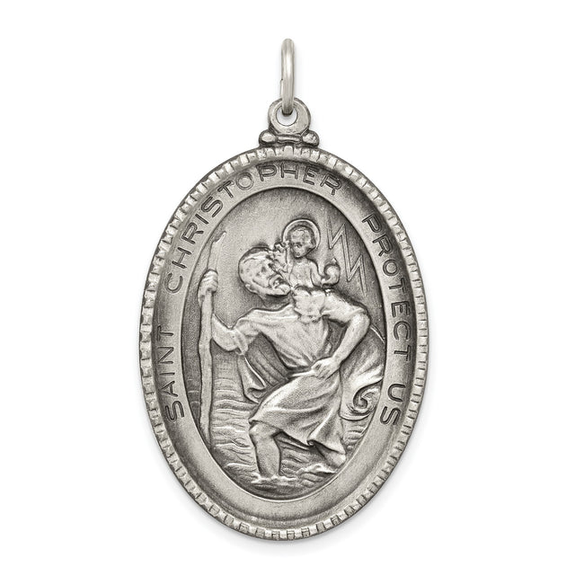 Antiqued Oval Protect Us Words Saint Christopher Charm Pendant in Real 925 Sterling Silver