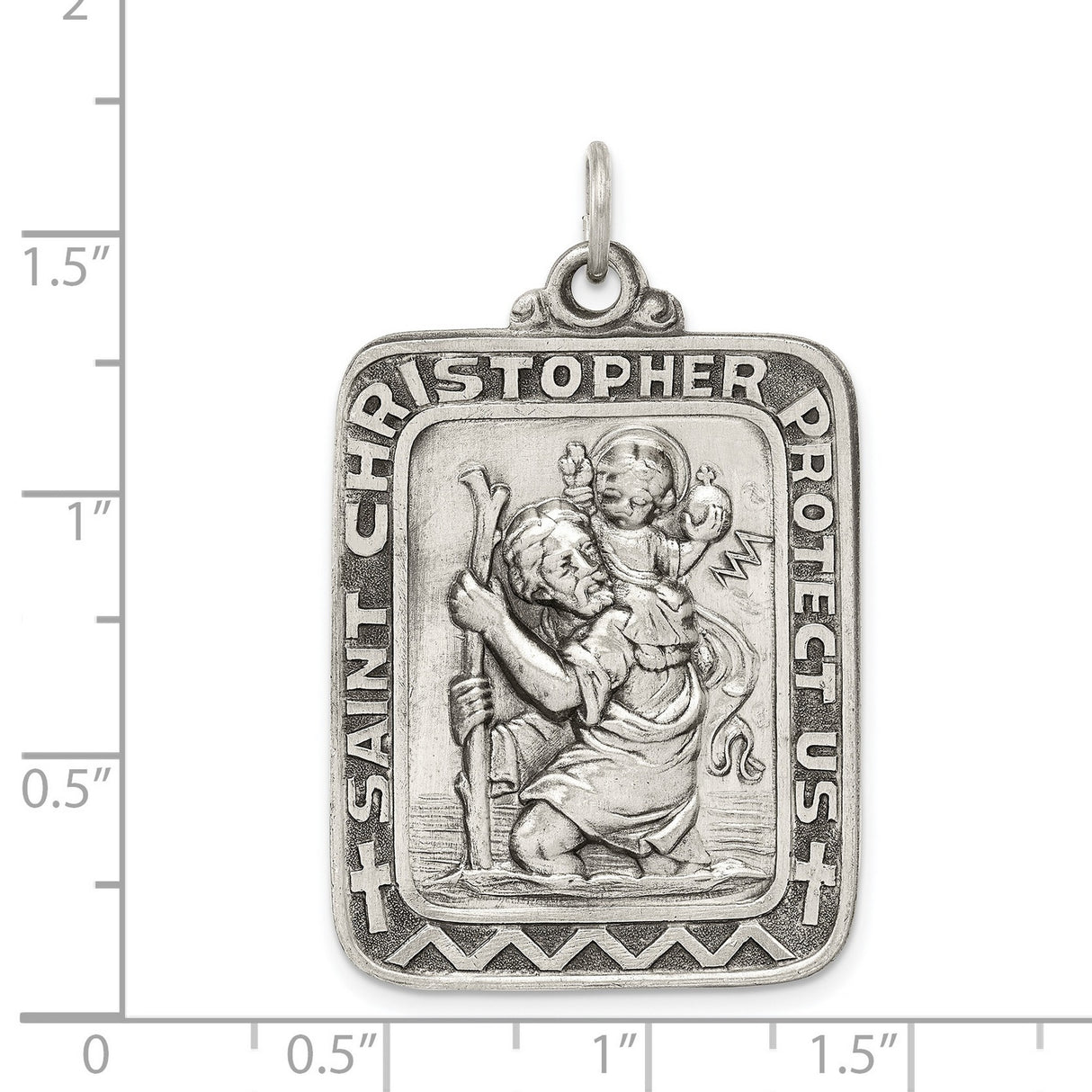 Rectangular Protect Us Words Saint Christopher Charm Pendant in Real 925 Sterling Silver