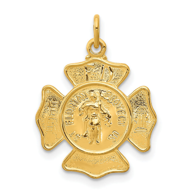 Saint Florian Protect Us Words On Firemans Badge Charm Pendant in Real 925 Sterling Silver