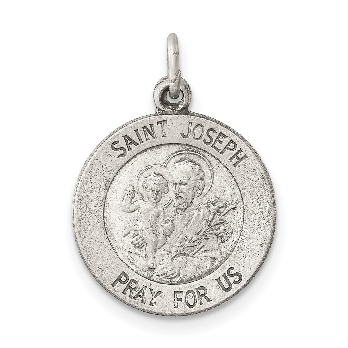 Round Saint Joseph Pray For Us Words Charm Pendant in Real 925 Sterling Silver