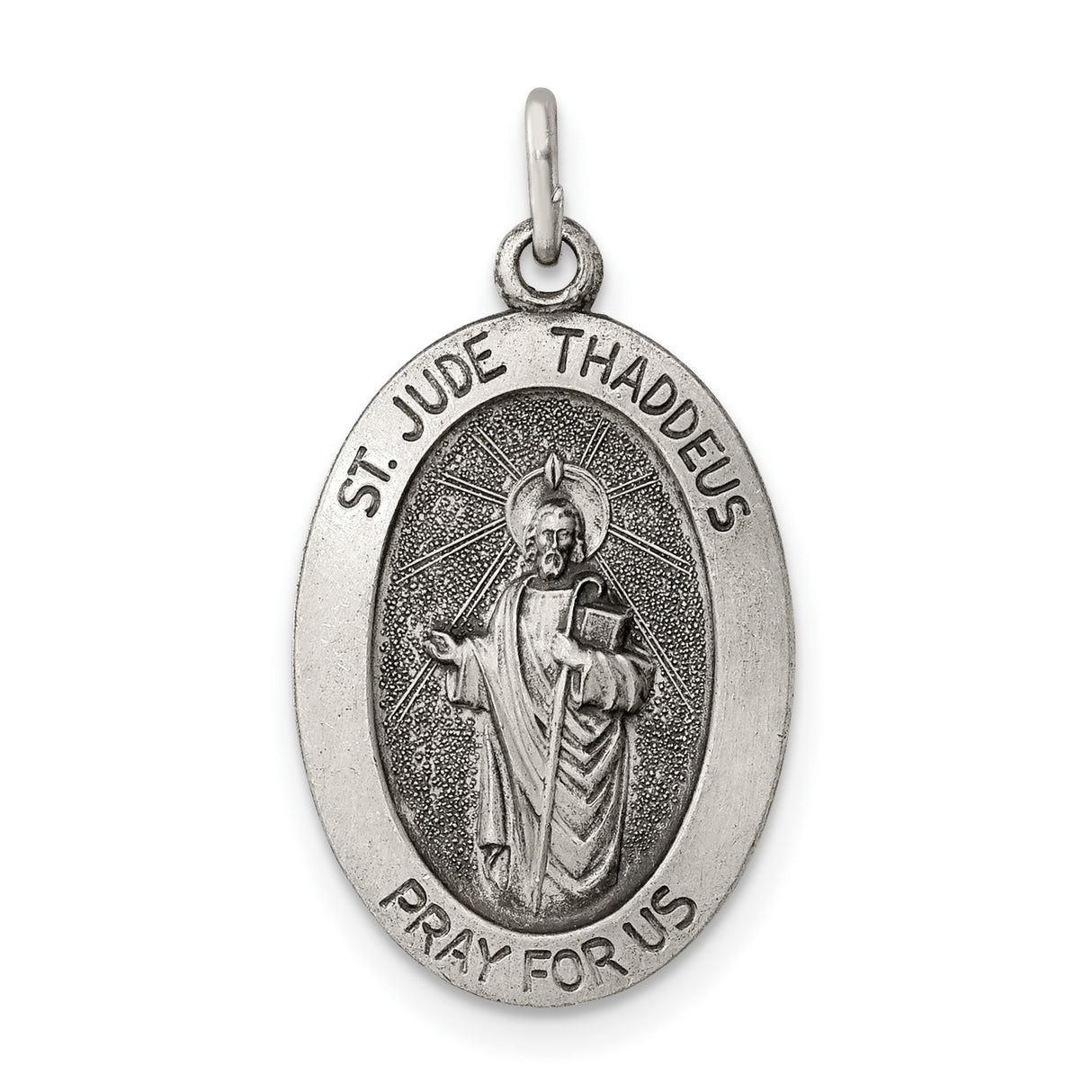 Antiqued St. Jude Thaddeus Pray For Us Words Oval Charm Pendant in Real 925 Sterling Silver