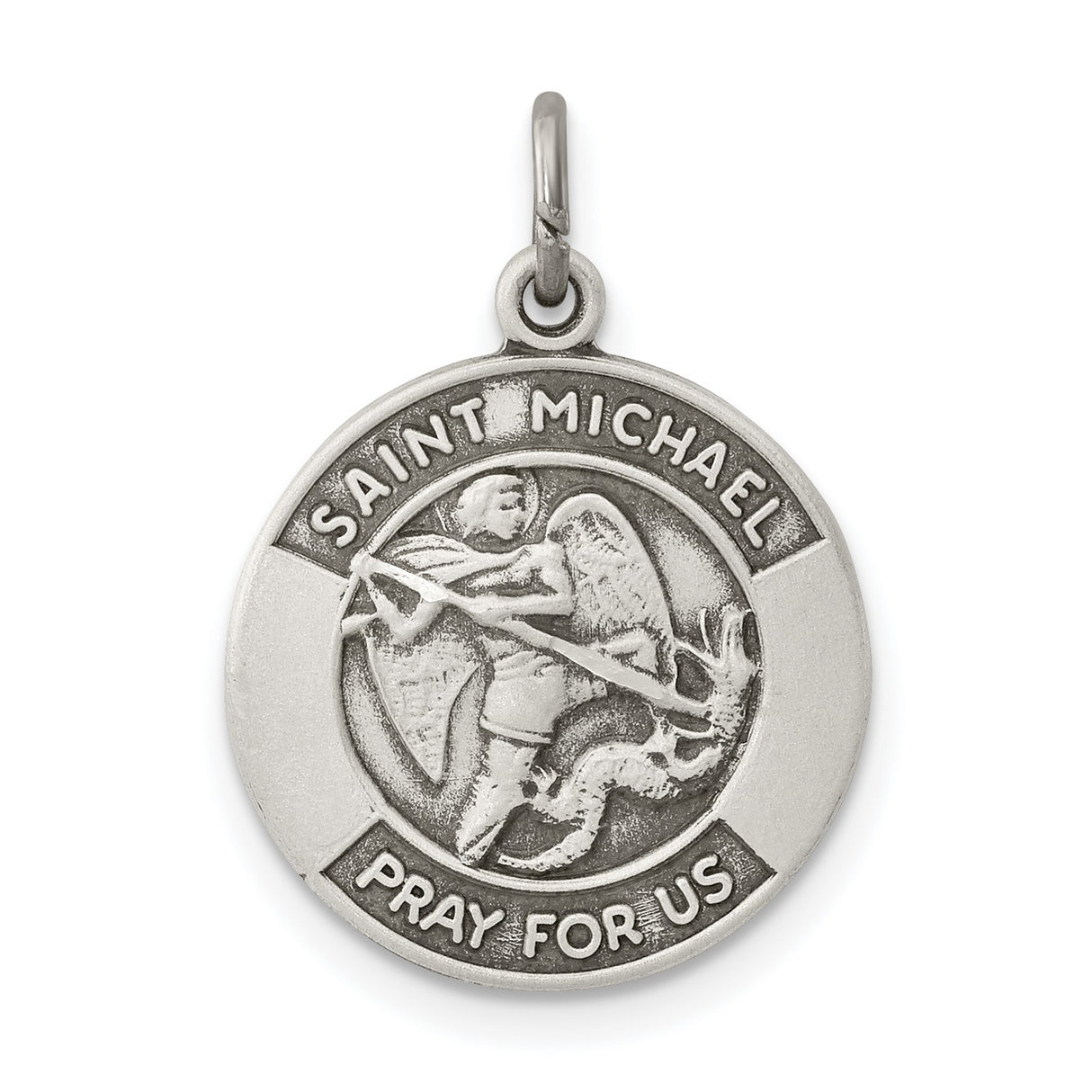 Antiqued Saint Michael Pray For Us Words Medal Charm Pendant in Real 925 Sterling Silver