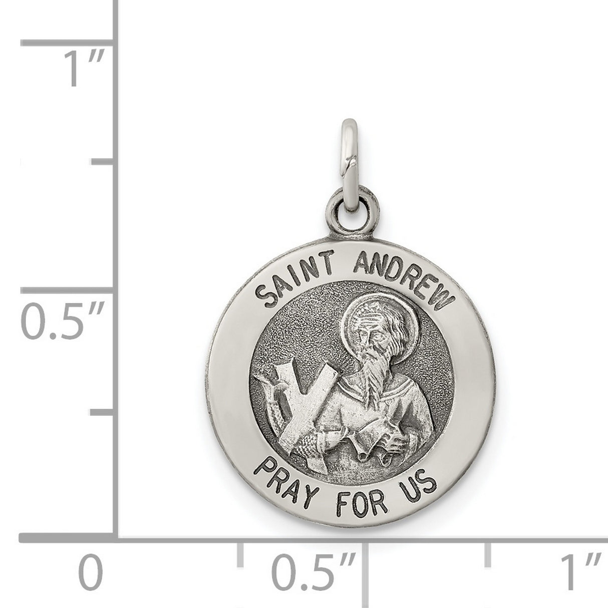 Antiqued Saint Andrew Pray For Us Words Round Charm Pendant in Real 925 Sterling Silver