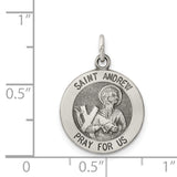 Antiqued Saint Andrew Pray For Us Words Round Charm Pendant in Real 925 Sterling Silver