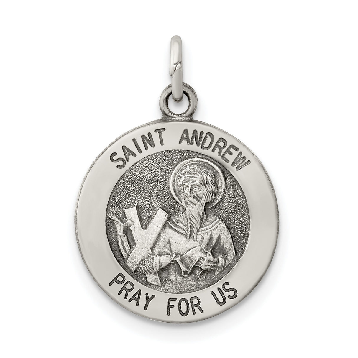 Antiqued Saint Andrew Pray For Us Words Round Charm Pendant in Real 925 Sterling Silver