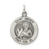 Antiqued Saint Andrew Pray For Us Words Round Charm Pendant in Real 925 Sterling Silver