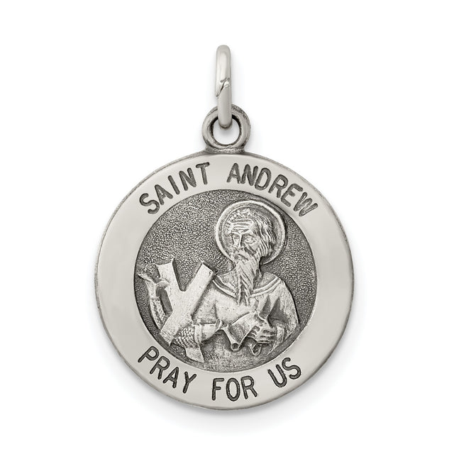 Antiqued Saint Andrew Pray For Us Words Round Charm Pendant in Real 925 Sterling Silver