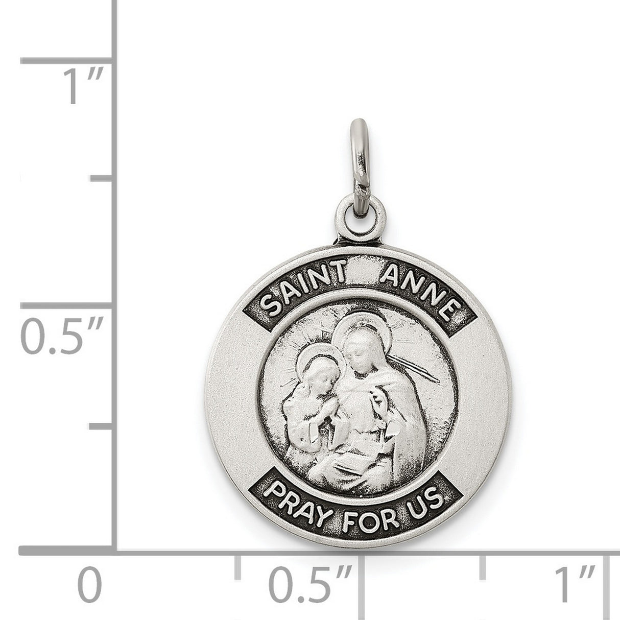Saint Anne Pray For Us Words Round Charm Pendant in Real 925 Sterling Silver