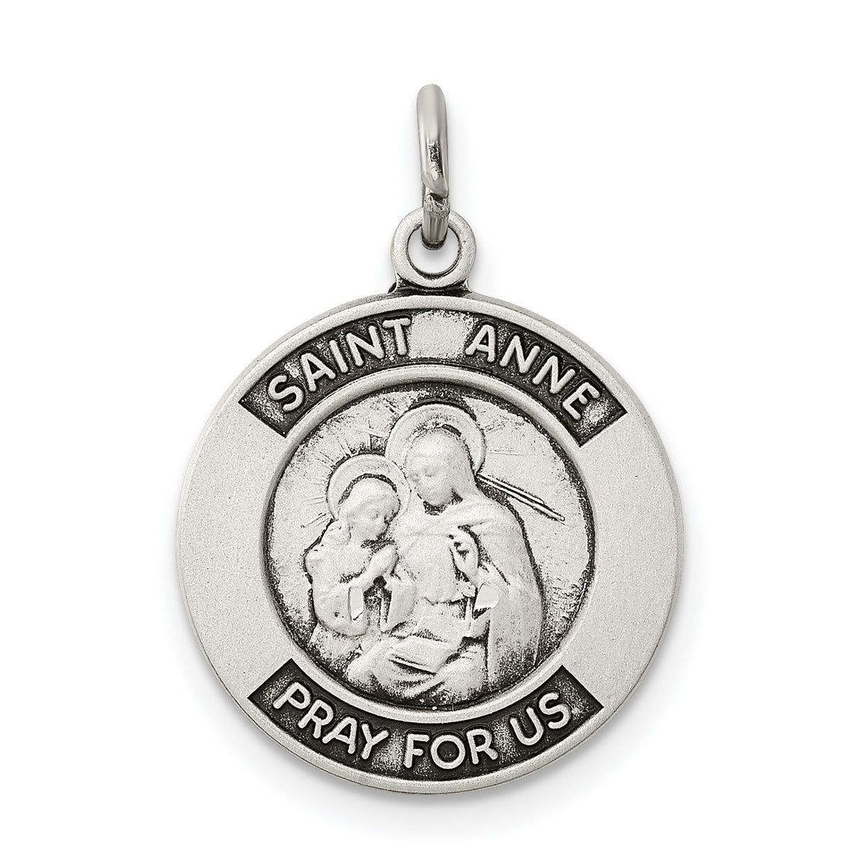 Saint Anne Pray For Us Words Round Charm Pendant in Real 925 Sterling Silver