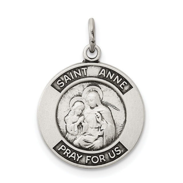 Saint Anne Pray For Us Words Round Charm Pendant in Real 925 Sterling Silver