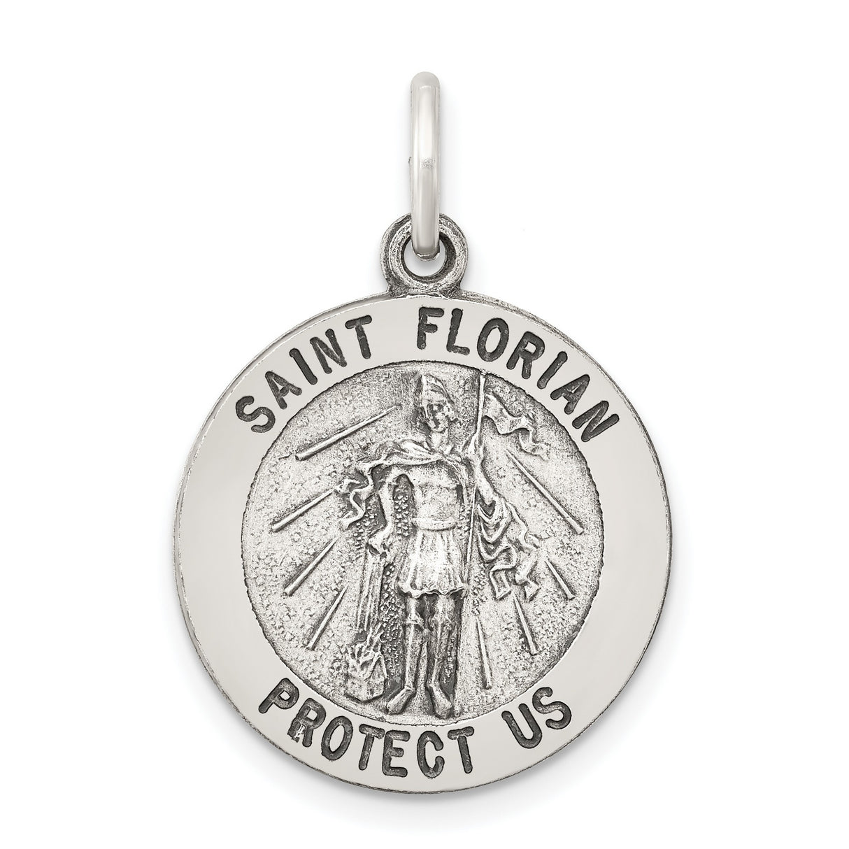 Protect Us Saint Florian Words Round Charm Pendant in Real 925 Sterling Silver