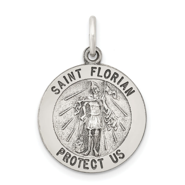 Protect Us Saint Florian Words Round Charm Pendant in Real 925 Sterling Silver