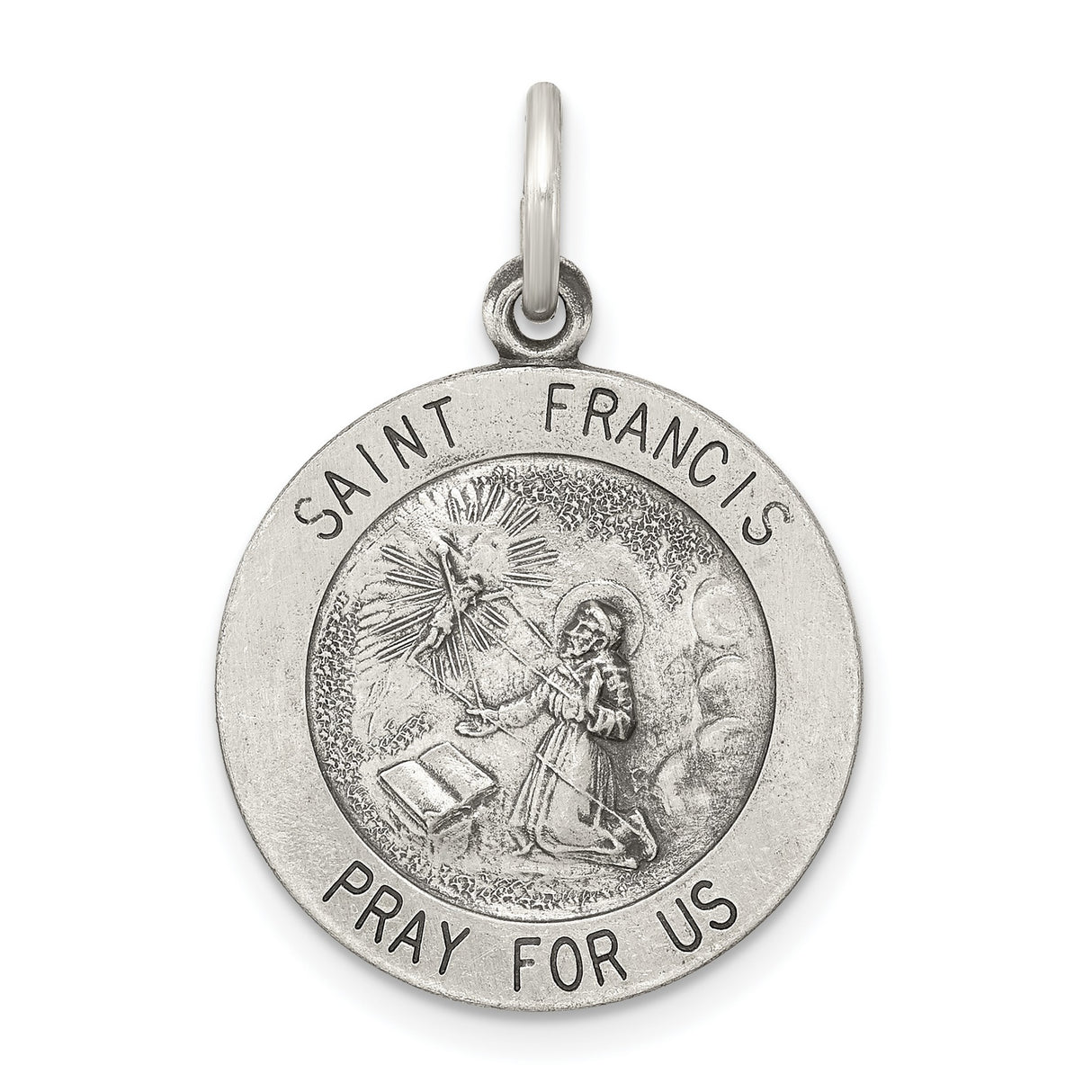 Sterling Silver Saint Francis Medal Pendant with Stigmata Scene and Prayer Inscription