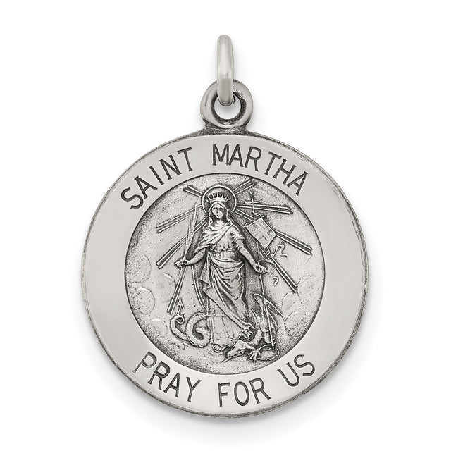 Antiqued Saint Martha Medal Charm Pendant in Real 925 Sterling Silver