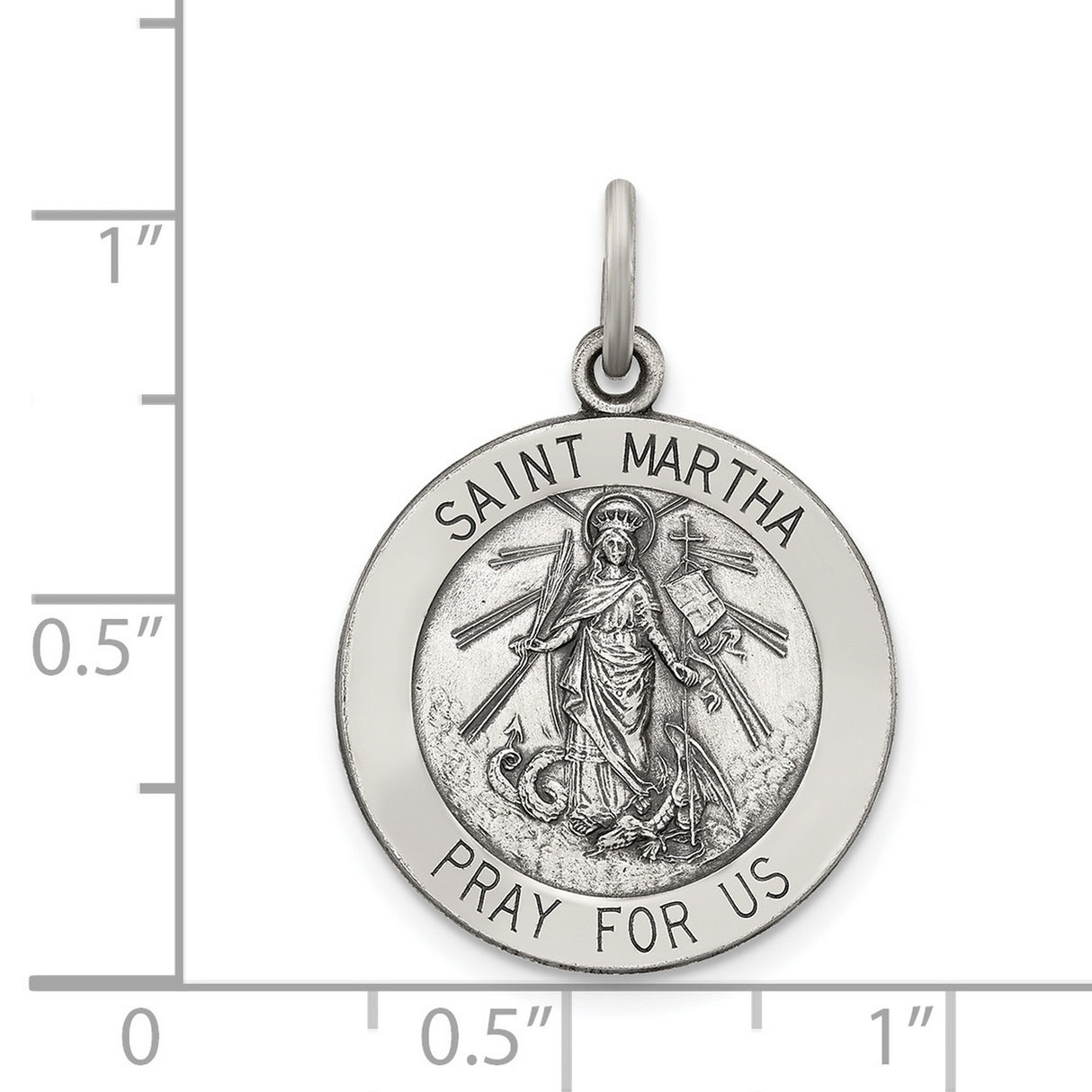 Sterling Silver Saint Martha Pendant with Cross and Palm Engraving, Catholic Medal for Women