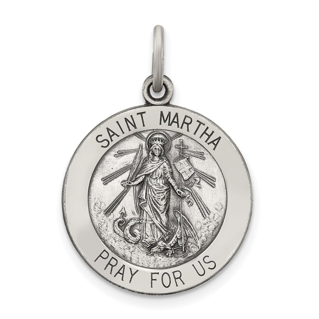 Sterling Silver Saint Martha Pendant with Cross and Palm Engraving, Catholic Medal for Women