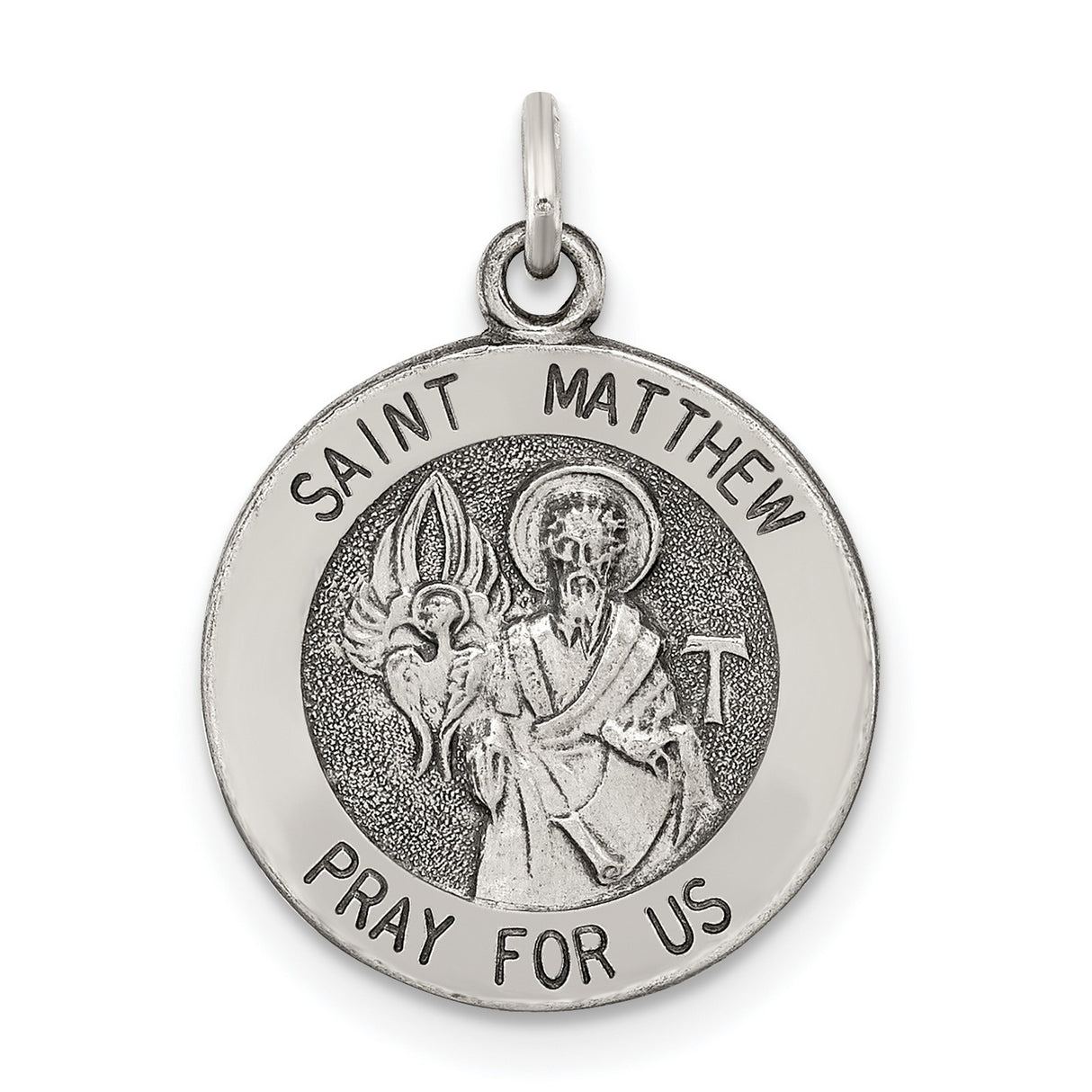Sterling Silver Saint Matthew Pendant with Angelic Symbol, Religious Medal for Men and Women