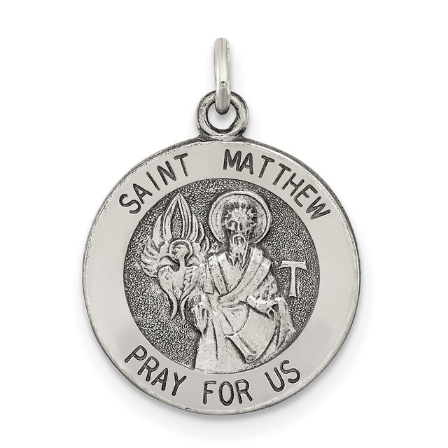 Sterling Silver Saint Matthew Pendant with Angelic Symbol, Religious Medal for Men and Women