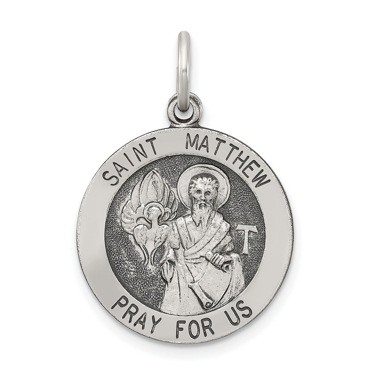 Sterling Silver Saint Matthew Pendant Medal with Image and Prayer Inscription