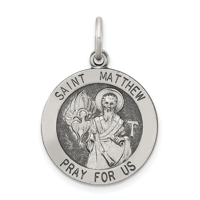 Sterling Silver Saint Matthew Pendant Medal with Image and Prayer Inscription