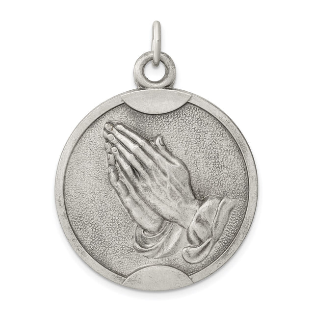 Sterling Silver Praying Hands Pendant with Raised Detail, Christian Faith Charm