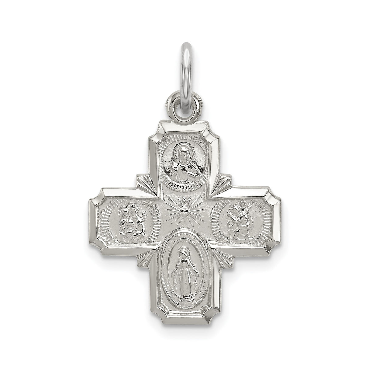Sterling Silver Four-Way Cross Pendant with Jesus, Virgin Mary, and Saints Engraving
