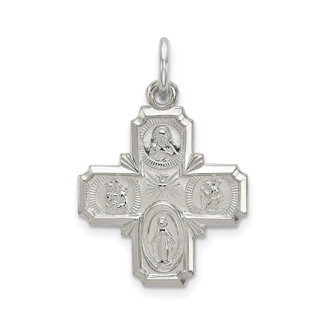 Sterling Silver Four-Way Cross Pendant with Jesus, Virgin Mary, and Saints Engraving