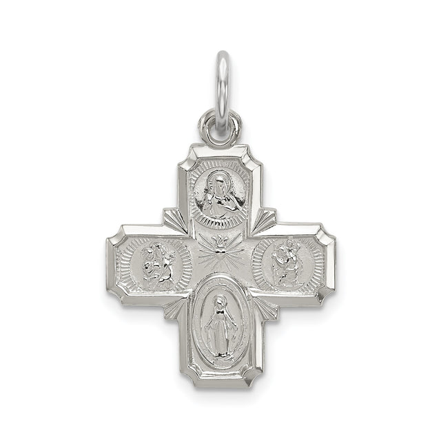 Sterling Silver Four-Way Cross Pendant with Jesus, Virgin Mary, and Saints Engraving