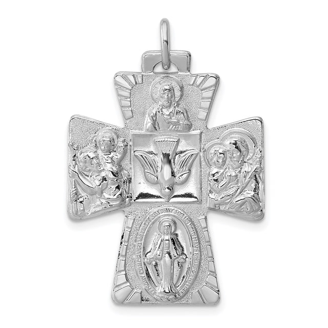 Sterling Silver Four-Way Catholic Cross Pendant with Virgin Mary, Saint Christopher, Sacred Heart of Jesus, and Holy Spirit Dove
