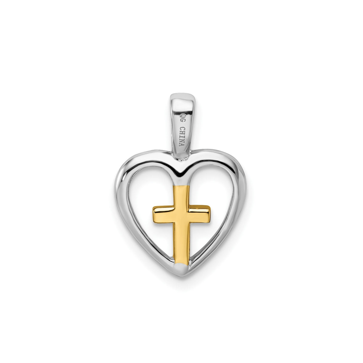 Sterling Silver Cross Pendant with Vermeil Gold Accent and Heart Detail, Modern Religious Design