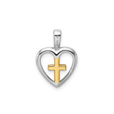 Sterling Silver Cross Pendant with Vermeil Gold Accent and Heart Detail, Modern Religious Design