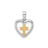 Sterling Silver Cross Pendant with Vermeil Gold Accent and Heart Detail, Modern Religious Design