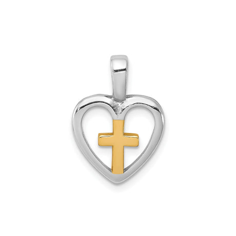 Sterling Silver Cross Pendant with Vermeil Gold Accent and Heart Detail, Modern Religious Design