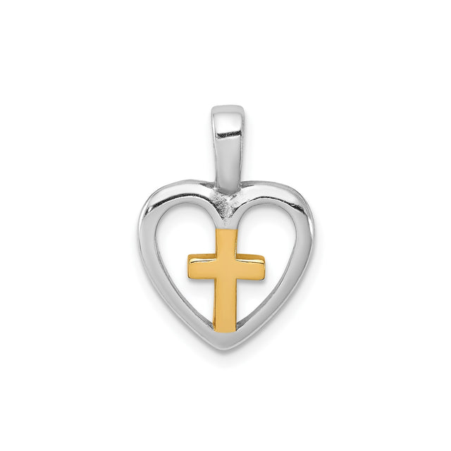Sterling Silver Cross Pendant with Vermeil Gold Accent and Heart Detail, Modern Religious Design