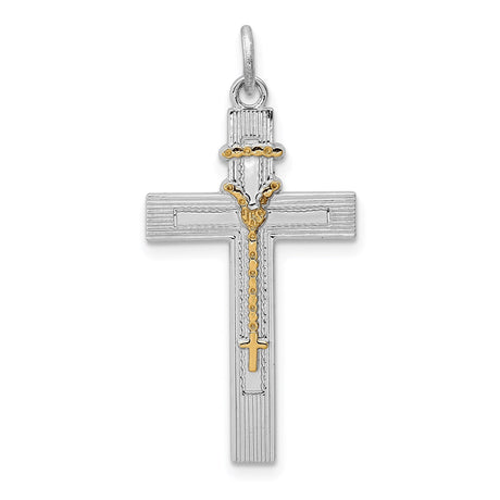 Sterling Silver Cross Pendant with Gold Accents and Rosary Charm in Two-Tone Religious Style