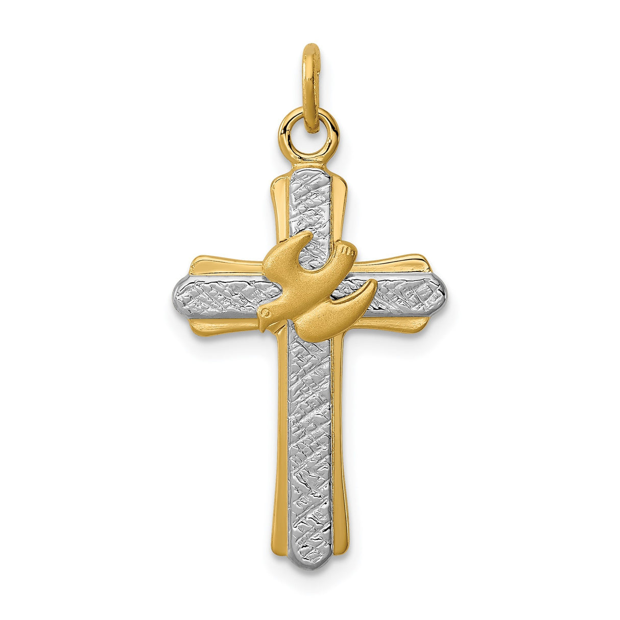 Sterling Silver Cross Pendant with Two Tone Dove Charm and Satin Finish Religious Design