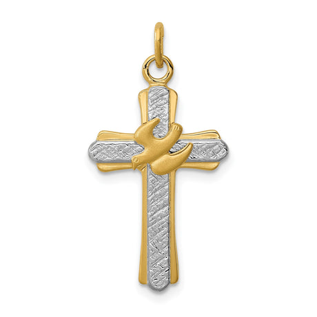 Sterling Silver Cross Pendant with Two Tone Dove Charm and Satin Finish Religious Design