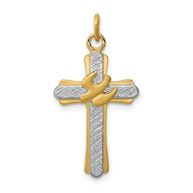 Sterling Silver Cross Pendant with Two Tone Dove Charm and Satin Finish Religious Design