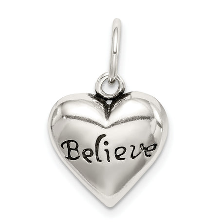 Antiqued Believe Charm Pendant in Real 925 Sterling Silver