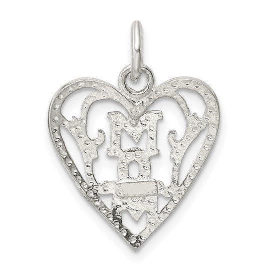 Sterling Silver Heart Pendant with Bold MOM Design, Sentimental Family Charm