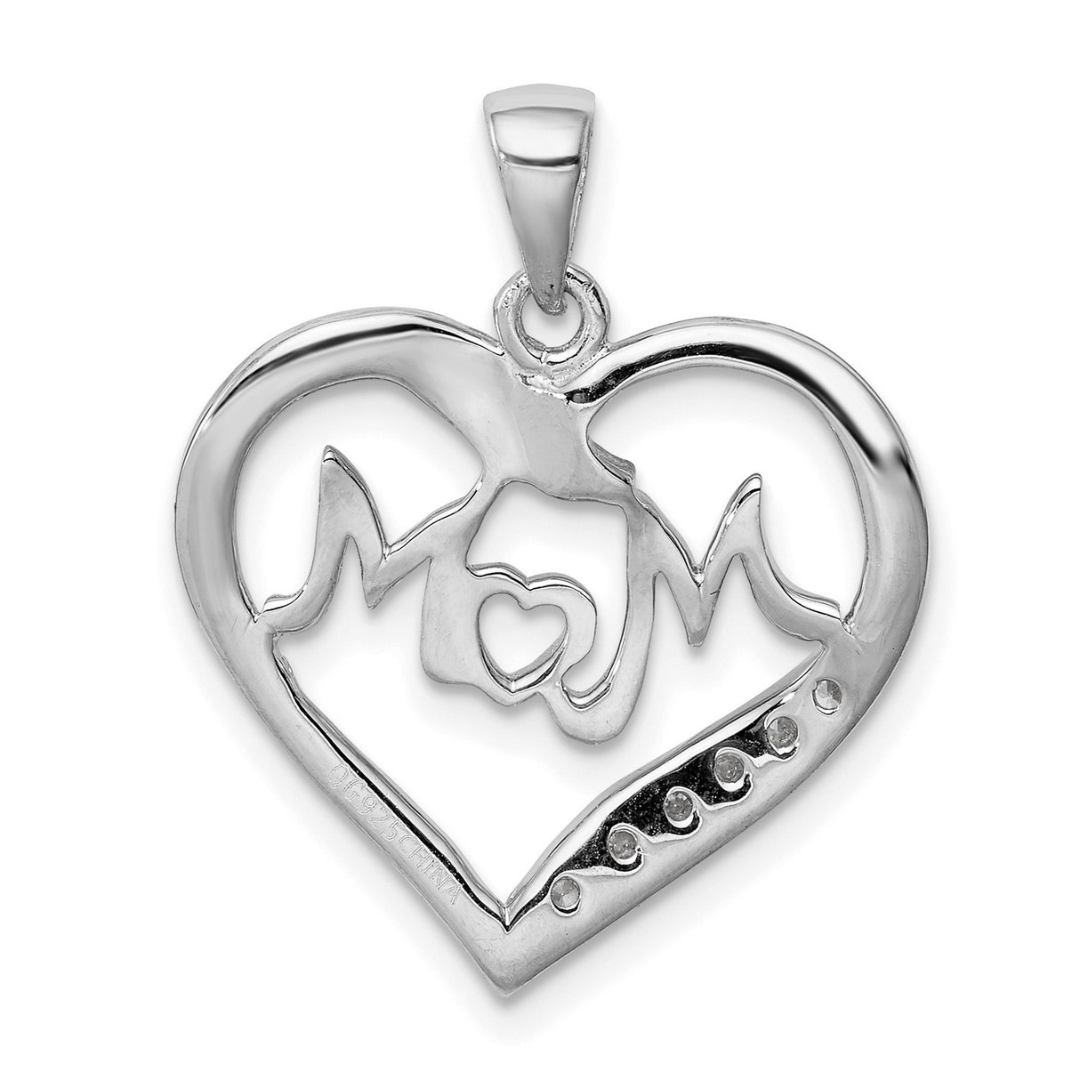 Sterling Silver Heart Shaped Mom Pendant with Cubic Zirconia, Symbol of Love and Family
