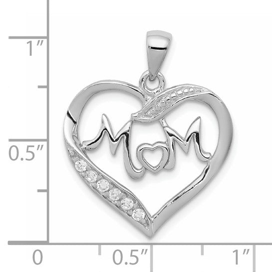 Sterling Silver Heart Shaped Mom Pendant with Cubic Zirconia, Symbol of Love and Family