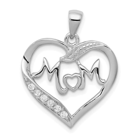Sterling Silver Heart Shaped Mom Pendant with Cubic Zirconia, Symbol of Love and Family